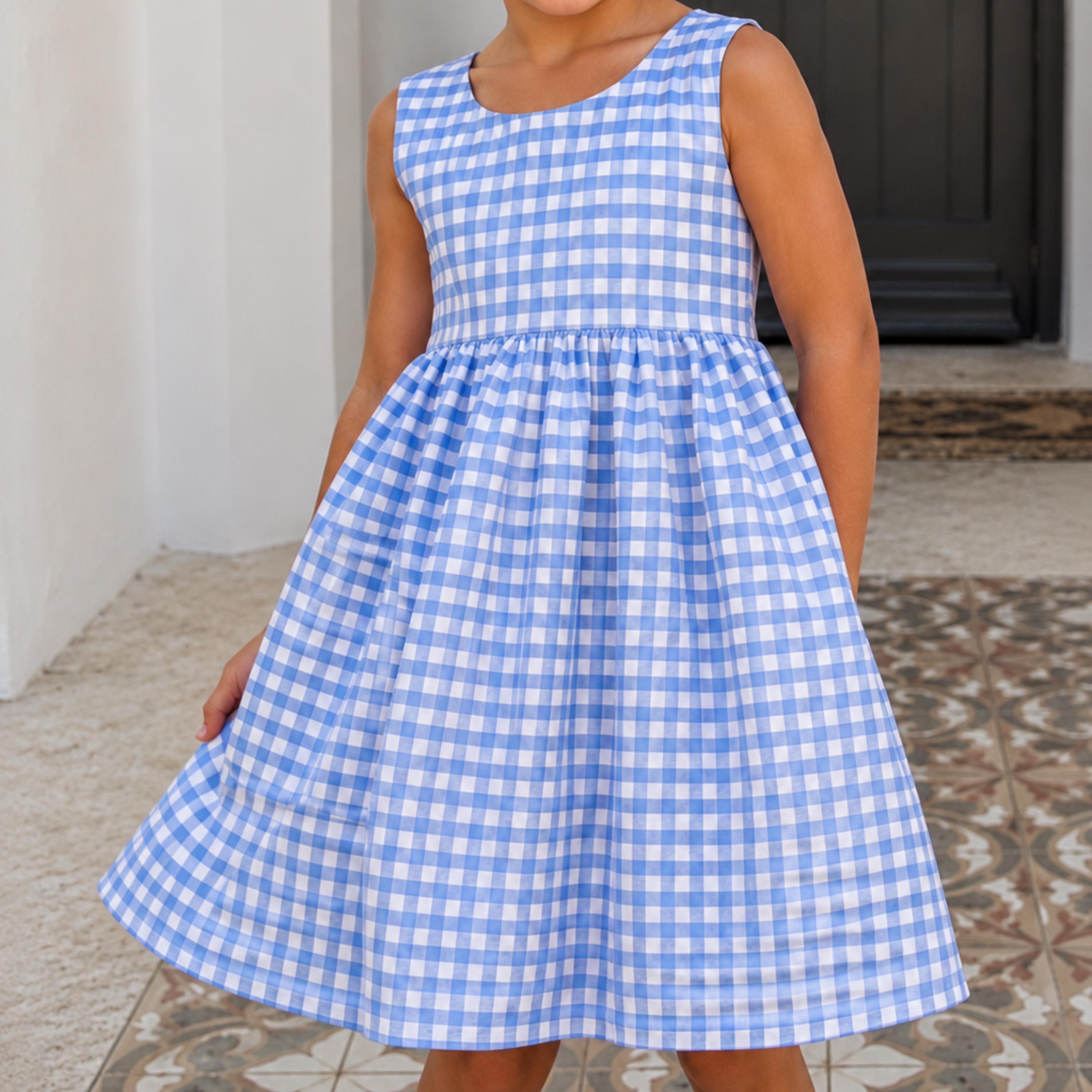 Blue Gingham Cotton Dress, Toddler Girl Summer Dress, Handmade Sleeveless Dress, Lightweight Everyday Outfit, Picnic Outfit