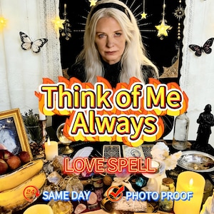 Könnte beinhalten: Ein Bild mit einer Frau mit langen weißen Haaren und einem schwarzen Stirnband. Der Text "Think of Me Always" ist in einer flammenartigen Schrift dargestellt. Weitere Texte sind "LOVE SPELL", "SAME DAY" und "PHOTO PROOF".