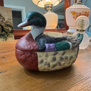 Könnte beinhalten: Eine Keramik-Entenfigur mit Scharnierdeckel. Die Ente hat einen grünen Kopf, einen weißen Hals und einen Körper mit roten, lila, grünen und beigen Federn. Die Figur steht auf einer Holzoberfläche.