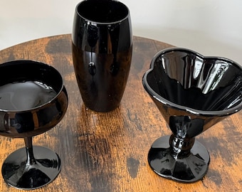 Vintage Mid-Century Modern Black Glass Stemware | Champagne Glass | Coupe | Tumbler
