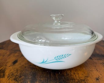 Vintage Pyrex Blue Wheat Casserole Dish with Lid | Milk Glass Baking Dish