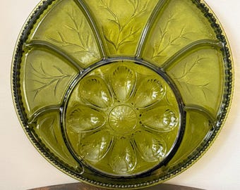 Vintage Indiana Glass Avocado Green Deviled Egg Platter | Tree of Life Relish Tray