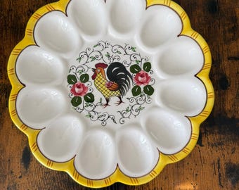 Vintage Ucagco Rooster & Roses Deviled Egg Plate | PY Early Early Provincial Platter, MCM Farmhouse