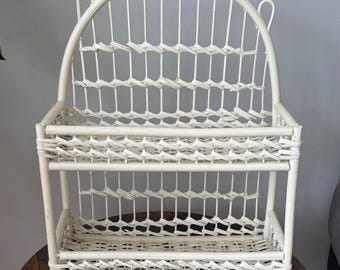 Vintage Cream Wicker Rattan Wall Shelf - 2 Tier | Arched Boho Spice Rack and Display
