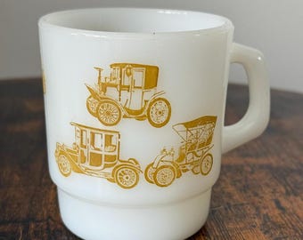 Vintage Fire King Milk Glass Mug | Gold Antique Cars MCM Stackable Coffee Cup
