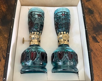 Vintage Singing Bird Miniature Kerosene Oil Lamps Set of 2 |Faux Stained Glass Heart Pattern Blue Pressed Glass