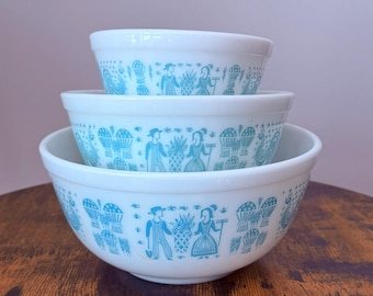 Juego de 3 cuencos para mezclar Pyrex Amish con estampado de mantequilla (401, 402, 403) de estilo vintage.