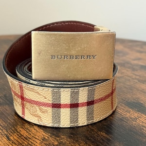 Burberry brown skinny leather belt with beige and red plaid pattern Burberry nova check belt - Gem main image 4