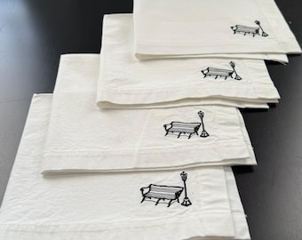 Gestickte Parkbank und Laternenpfahl Servietten - Set mit 4