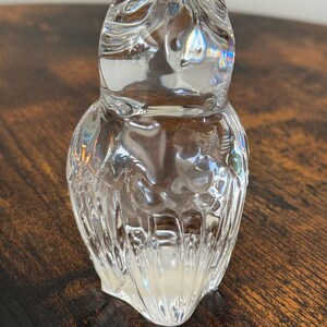 May include: A clear glass figurine shaped like an owl. The object features a smooth, rounded head with subtle indentations for eyes and a textured body with vertical ridges that mimic feathers, creating a reflective and translucent appearance.