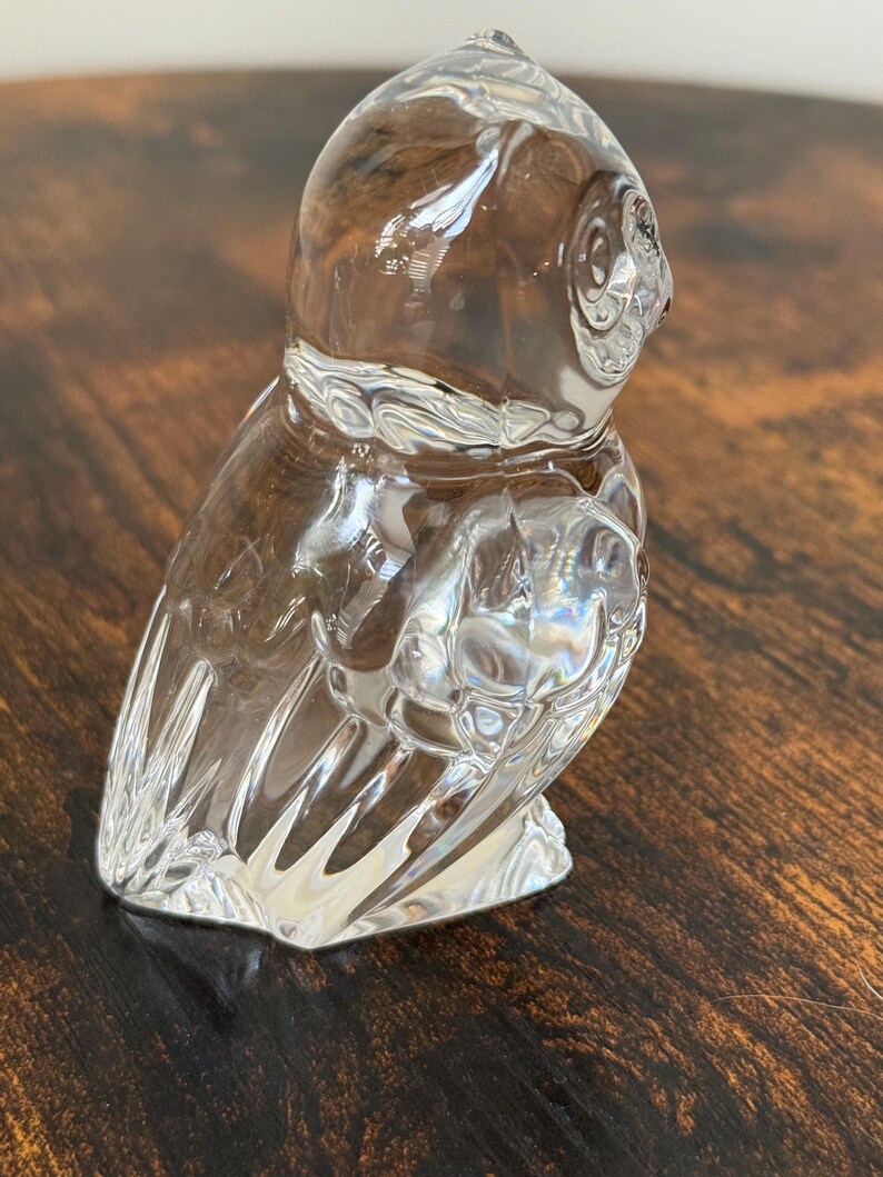 May include: A clear glass figurine shaped like an owl, featuring molded details that define the head, eyes, and wings. The surface is smooth and transparent, reflecting light across its curved form to highlight the avian silhouette and texture.