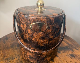 Vintage Faux Tortoise Shell Ice Bucket | Brass Handle, Hollywood Regency Barware