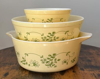 Ciotole e pirofile vintage Pyrex Shenandoah / Verde Floreale Beige / Anni '80 Pyrex