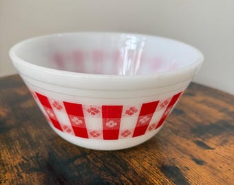 Vintage Federal Glass Red Gingham Mixing Bowl | 1960s Country Kitchen Milk Glass