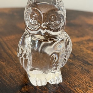 May include: A clear glass figurine shaped like an owl. The piece features detailed molded textures representing feathers on the wings and chest, with prominent circular eyes and small ear tufts at the top of the head, creating a reflective surface.