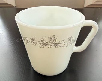 Vintage Pyrex Ribbon Bouquet Coffee Mug | Grey Floral Milk Glass | Retro Drinkware