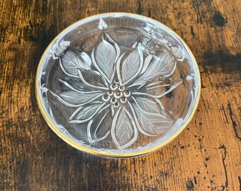 Vintage Mikasa Studio Nova Poinsettia Crystal Candy Dish | Frosted Glass Gold Rim Bowl
