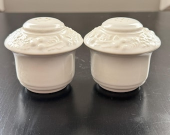Vintage White Embossed Ceramic Salt and Pepper Shakers | Floral Cottage Core Tableware