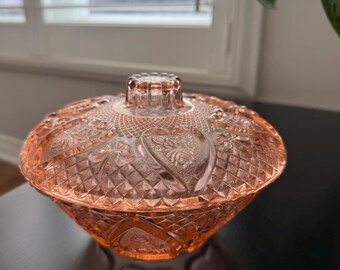Vintage Firna Indonesia Pink Glass Candy Dish with Lid | Heart Pattern Pressed Glass Bowl