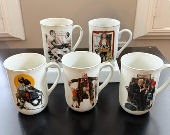 Vintage Norman Rockwell Coffee mugs | White Gold Trim Cups | Classic American Illustration
