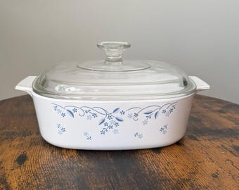 Vintage CorningWare Provincial Blue 2L Casserole Dish with Lid (A-2-B) | Square Pyroceram baker