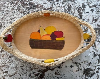 Vintage Hand Painted Fruit Basket Serving Tray | Wicker Farmhouse Oval Tray
