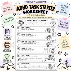 Fiche d'activité pour démarrer des tâches liées au TDAH, Fiche imprimable pour initier les tâches, Planificateur de fonctions exécutives, Démarrage en 5 minutes, Débloquer le TDAH (PDF imprimable)