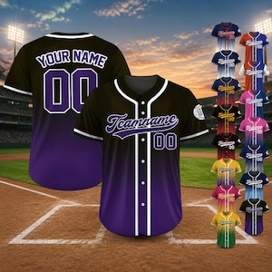 May include: Baseball jerseys in various colors, featuring a black and purple gradient design. The jerseys display the text "YOUR NAME" and "Teamname" along with the number "00". Additional color variations are shown.