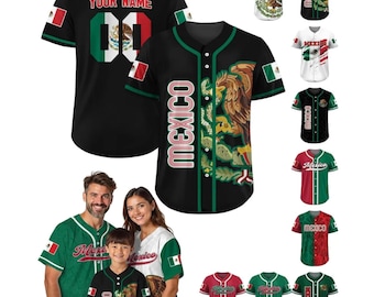 Camiseta de béisbol personalizada de México con nombre y número del equipo. Camiseta mexicana para hombres, mujeres, jóvenes y niños. Conjunto para el día del partido para los fanáticos de México.
