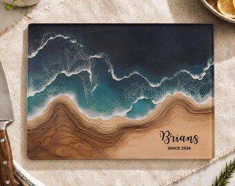 Resin Cutting Board Personalized, Glass Charcuterie Board Teal Ocean Wave, Custom Last Name Gift, Serving Platter, Modern Coastal Kitchen