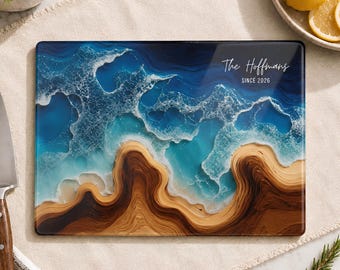Personalized Glass Ocean Cutting Board, Resin Coastal Decor, Realtor Closing New Home Gift, Custom Charcuterie Platter
