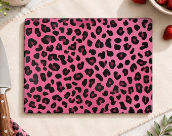 Leopard Print Glass Cutting Board, Cheetah Print Kitchen Decor, Pink Animal Print Charcuterie Board, Serving Platter Gift for Her