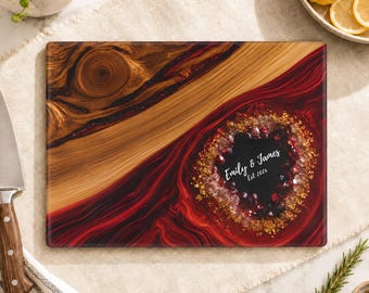 7th Anniversary Gift, Red Geode Glass Cutting Board Personalized, Copper Resin Look Charcuterie Board, Couple Name Wedding Kitchen