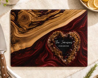 2nd Anniversary Gift, Burgundy Geode Glass Cutting Board Personalized, Epoxy Resin Look Charcuterie Board, Heart Family Kitchen