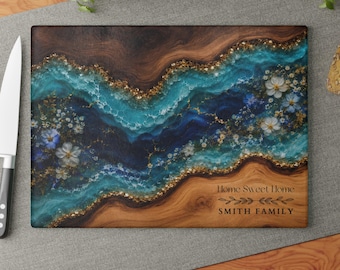 Personalized Ocean Cutting Board Housewarming Gift, Wildflower Glass Realtor Closing Gift, Home Sweet Home Custom Family Name