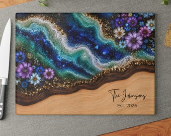 Personalized Glass Cutting Board Engagement Gift Box, Wildflower Ocean Charcuterie Board, Wedding Custom Couple Names Date