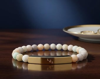 Personalized Natural Stone Bracelet | Custom Engraved Bar Jewelry | Beaded Stretch Initial Bracelet for Women | Meaningful Anniversary Gift