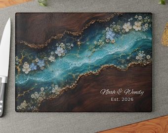 Personalized Glass Cutting Board 6th Anniversary Gift, Wildflower Ocean Charcuterie Board for Couple, Custom Names Date Gift