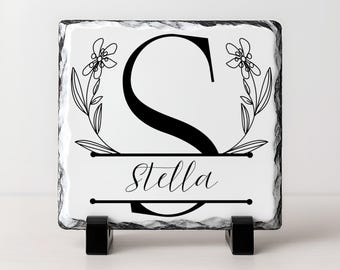 Personalized Monogram Photo Slate | Custom Name Stone Plaque | Floral Desk Decor Gift for Her | Desktop Name Plate | Unique Office Sign