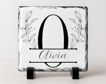 Botanical Split Letter Slate Plaque | Custom Name Office Desk Decor | Wildflower Monogram Stone Sign | Gift for Friend | Custom Name Plate