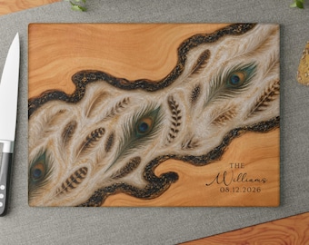 Future Daughter in Law Gift, Glass Cutting Board, Mother in Law Wedding Gift, Housewarming Gift, Peacock Feather Names Realtor Closing