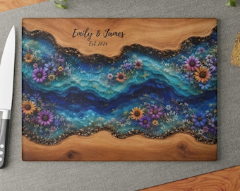 Personalized Resin Cutting Board Wedding Gift, Wildflower Ocean Glass Charcuterie Board, Bridal Shower Anniversary, Custom Couple Names