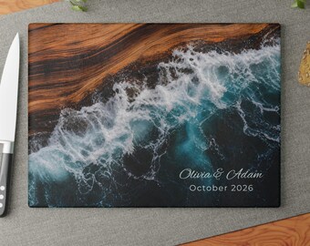 Personalized Glass Charcuterie Board Anniversary Gift, Ocean Wood Cheese Board for Couple, Custom Names Date Serving Board