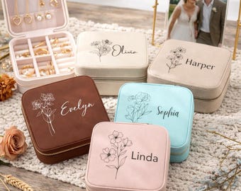 Personalized Jewelry Box - Birth Flower Jewelry Travel Case - Custom PU Leather Organizer - Bridesmaid Gift - Birthday Gift for Her