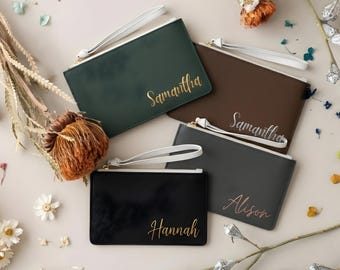 Personalized Wristlet Clutch | Custom Saffiano Faux Leather Pouch | Bridesmaid Gift for Her | Minimalist Monogram Zip Wallet
