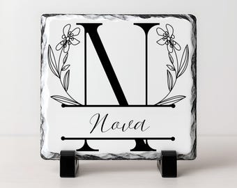 Personalized Monogram Photo Slate | Custom Name Stone Plaque | Floral Desk Decor Gift for Her | Desktop Name Plate | Unique Office Sign