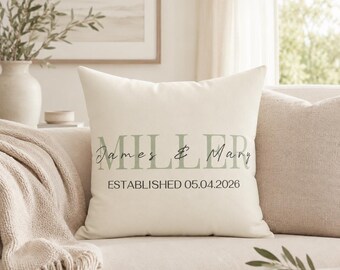 Personalized Wedding Pillow, Custom Last Name Pillow, Established Date Pillow, Anniversary Gift, Sage Neutral Decor