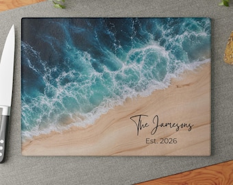 Epoxy Glass Cutting Board Personalized Engagement Gift Box, Ocean Wedding Gift, Custom Couple Names Date Resin Wood Board
