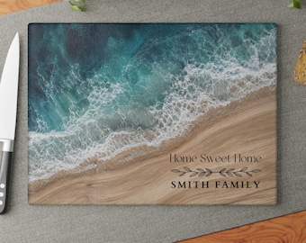 Personalized Ocean Glass Cutting Board Housewarming Gift, New Home Realtor Closing Gift, Custom Family Name Wood Board