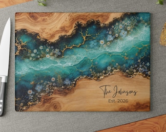 Personalized Glass Cutting Board 8th Anniversary Gift, Wildflower Ocean Charcuterie Board for Couple, Custom Names Date Gift